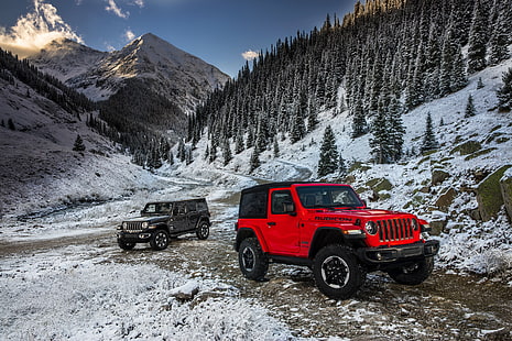 neve, montagne, rosso, 2018, jeep, grigio scuro, Wrangler Rubicon, Wrangler Sahara, Sfondo HD HD wallpaper