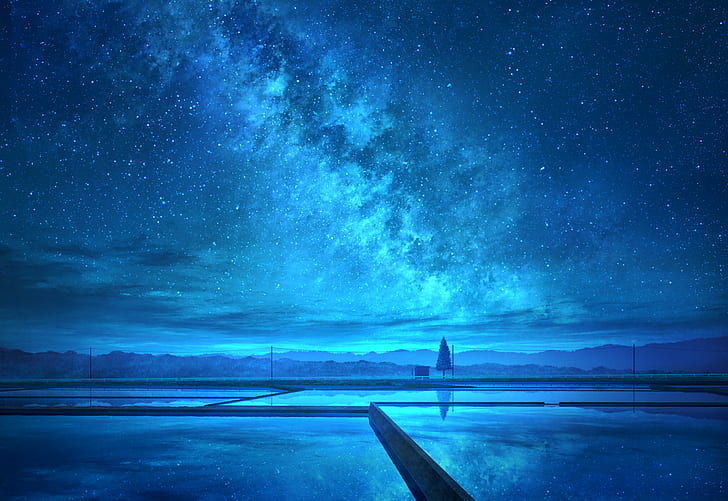 аниме пейзаж, голубое небо, звёзды, ночь, отражение, аниме, HD обои