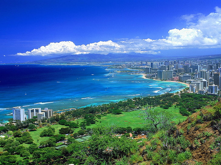 Diamond Head, Hawaii, vue aérienne du bâtiment à côté de la peinture de l'eau, Monde, Hawaii, Diamond Head, Hawaii, Fond d'écran HD