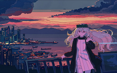 Chica anime en balcón paisaje urbano mar y puesta de sol, Fondo de pantalla HD HD wallpaper
