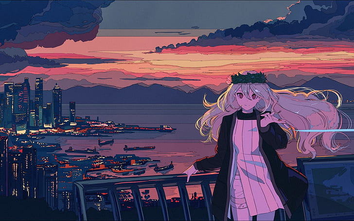 sunset, cityscape, sea, balcony, anime girls, anime, long hair, sky, HD wallpaper