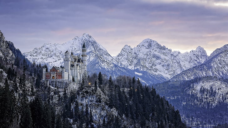 замък, зима, сняг, Хохеншвангау, Бавария, замък Нойшванщайн, Нойшванщайн, Германия, облаци, облачно, планини, гора, HD тапет
