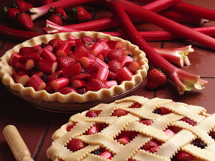 red strawberry fruit lot, pie, berry, strawberry, stuffing, rhubarb, stalks, HD wallpaper
