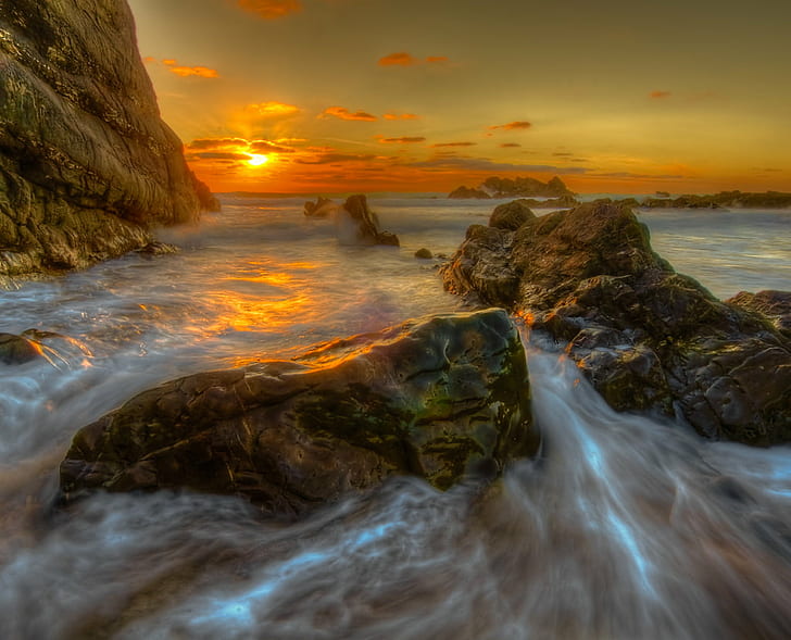 timelapse photography of sea with mountain during golden hour, Rising Tide, Sinking, timelapse photography, sea, mountain, golden hour, Bude  Cornwall, sunset  coast, beach, sky, waves, clouds, Nikon  D300s, Wonderland, nature, sunset, rock - Object, wave, coastline, water, landscape, scenics, dusk, beauty In Nature, seascape, long Exposure, outdoors, HD wallpaper