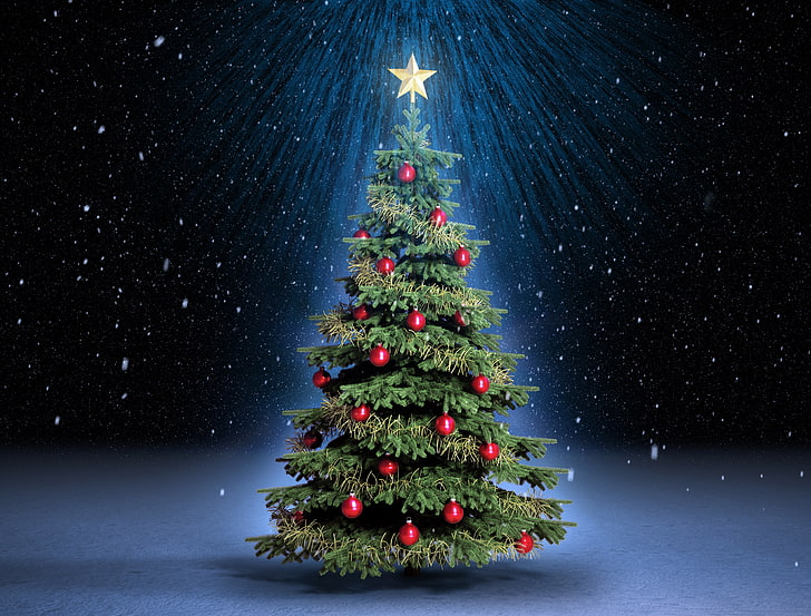 green Christmas tree decor clip art, rays, snow, night, holiday, balls, magic, star, tree, spruce, red, Christmas, New Year, Christmas tree, HD wallpaper