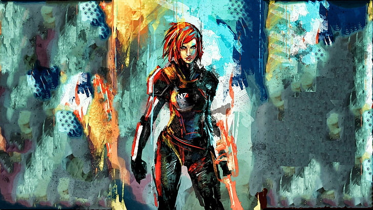 femme en costume noir blindé peinture, Mass Effect, Fond d'écran HD