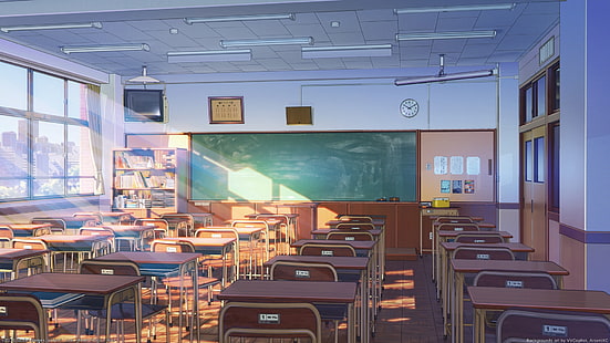 애니메이션 경치, 교실, 햇빛, 건물, 애니메이션, HD 배경 화면 HD wallpaper