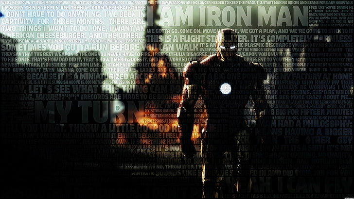Обои Железного Человека, Iron Man, Marvel Comics, супергерой, Тони Старк, Роберт Дауни-младший, типография, HD обои
