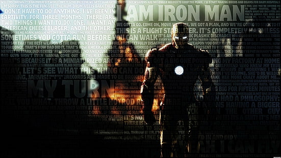 Carta da parati Iron Man, Iron Man, Marvel Comics, supereroe, Tony Stark, Robert Downey Jr., tipografia, Sfondo HD HD wallpaper