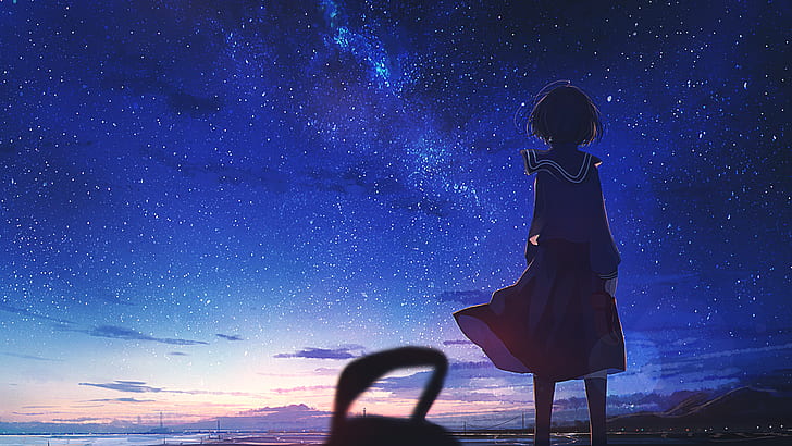 noche estrellada, chicas anime, anime, cielo, estrellas, aire libre, puesta de sol, Fondo de pantalla HD