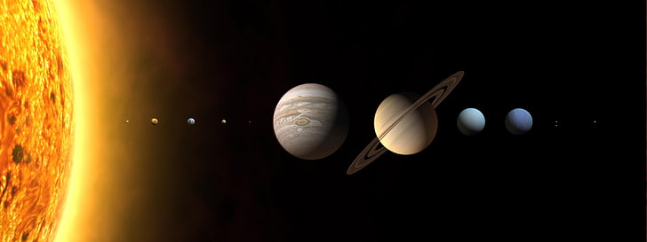 assorted planets illustration, dual, monitor, moon, multi, planets, sci, science, screen, solar, sun, system, HD wallpaper