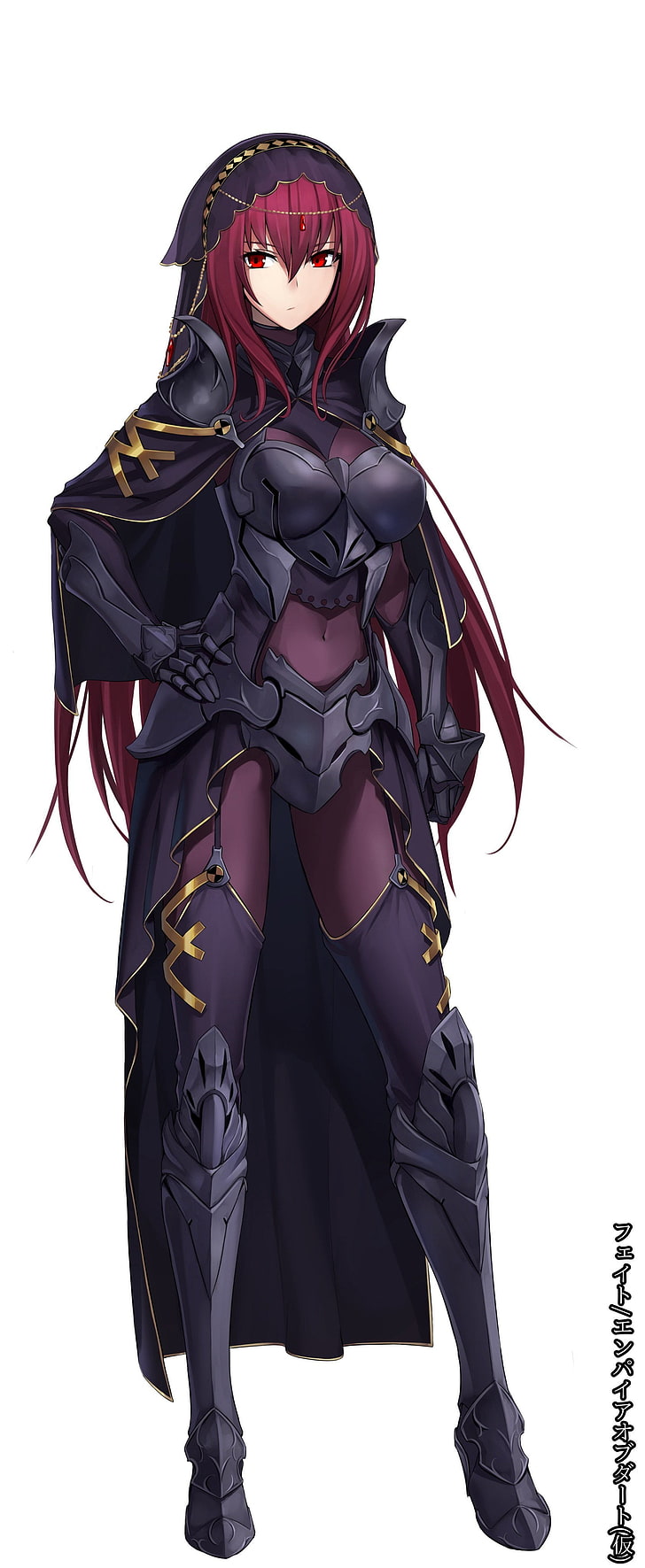 หญิงสาวที่มีผมสีแดงและเสื้อคลุมสีดำตัวละครอะนิเมะอะนิเมะสาวอะนิเมะ Fate / Grand Order Lancer (Fate / Grand Order) ชุดเกราะชุดรัดส้นถุงน่องผมยาวผมแดงตาแดง Scathach (Fate / Grand Order ), วอลล์เปเปอร์ HD, วอลเปเปอร์โทรศัพท์