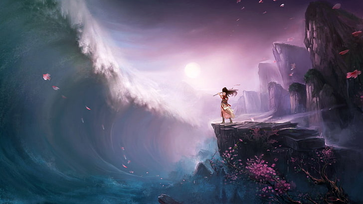 osoba stojąca na klifie przed falą morską tapeta cyfrowa, anime dziewczyny, anime, morze, kwiaty lotosu, przełęcz górska, sztuka cyfrowa, sztuka fantasy, Tapety HD