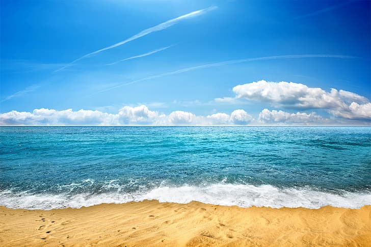 sand, sea, beach, the sky, shore, seascape, wave, HD wallpaper