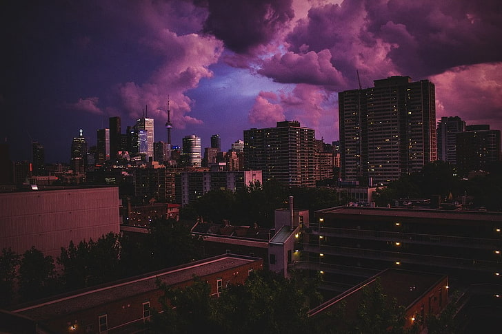 городской пейзаж, город, пурпурное небо, сумерки, городской, HD обои