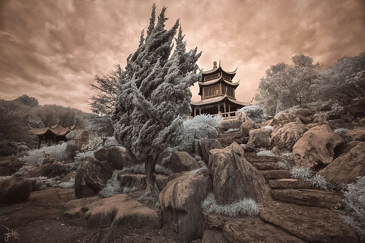 фотография, пагода, дървета, скали, инфрачервена светлина, HD тапет