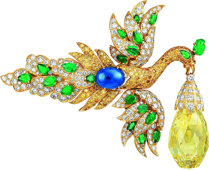 gold-colored peacock pendant, stones, background, Firebird, precious, HD wallpaper