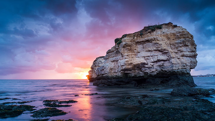 pietra marrone, paesaggio, tramonto, costa, Sfondo HD