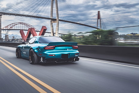 спорткар, Mazda RX-7, мазда, синие автомобили, мост, ракета зайчик, HD обои HD wallpaper