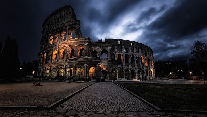 darkness, colosseum, italy, cityscape, evening, rome, historical, city, historical landmark, europe, sky, building, clouds, historic site, cloudy, dusk, twilight, tourist attraction, night, landmark, HD wallpaper