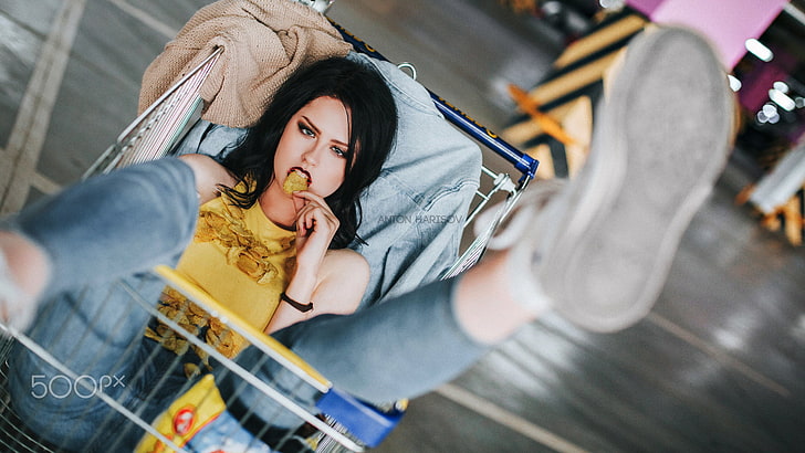 shopping cart, women, legs, 500px, Anton Harisov, anarchism, HD wallpaper