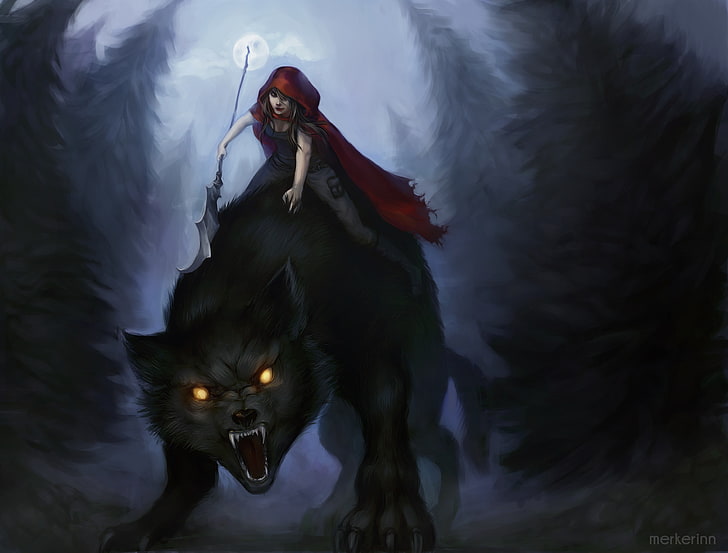 жена на езда вълк илюстрация, гора, поглед, момиче, дървета, нощ, вълк, малка червена качулка, изкуство, червена шапчица, усмивки, HD тапет
