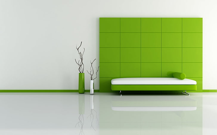 бело-зеленая кожаная кровать, зеленая, постель, минимализм, квадраты, вазы, HD обои