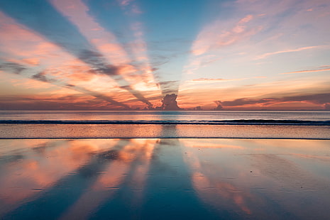 playa, naturaleza, hd, 4k, 5k, rayo de sol, reflexión, puesta de sol, amanecer, anochecer, amanecer, Fondo de pantalla HD HD wallpaper