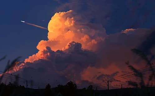 Ю Цзин, иллюстрация, облака, закатное сияние, закат, самолет, небо, опора, HD обои HD wallpaper
