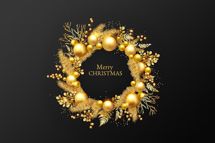 decoration, gold, Christmas, New year, golden, happy, wreath, balls, background, merry, luxury, Golden balls, sparkling, HD wallpaper