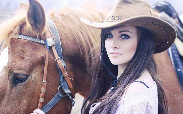 hewan, wanita, kuda, wajah, topi, model, cowgirl, Wallpaper HD