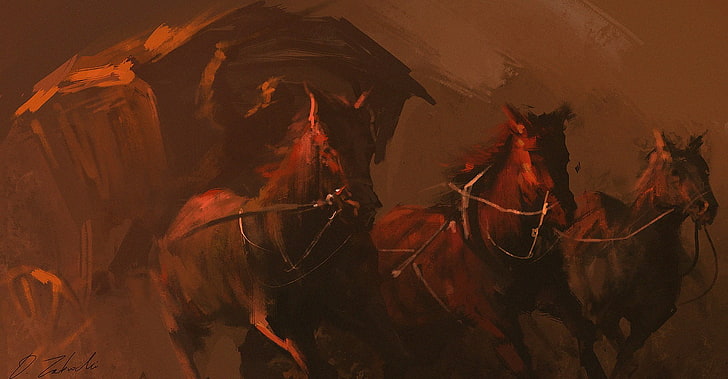 Cuatro caballos marrones pintura, arte de fantasía, Darek Zabrocki, Fondo de pantalla HD