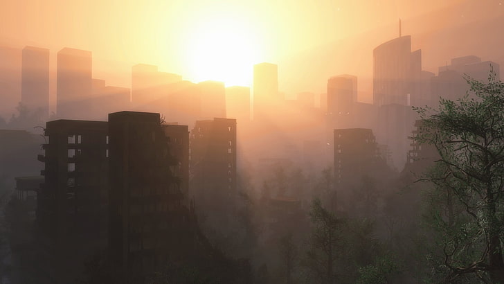 Schwarzweiss-Holzkabinett, Sonnenlicht, Stadtbild, Ruinen, apokalyptische, digitale Kunst, HD-Hintergrundbild
