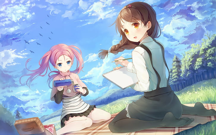 Anime Girls, Picknick, Dein Tagebuch, Hirosaki Kanade, Vögel, Fujimura Natsuki, HD-Hintergrundbild