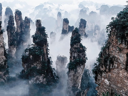 Zhangjiajie National Forest Park, Kina, klippor, berg, dimma, Zhangjiajie, National, Forest, Park, Kina, klippor, berg, dimma, HD tapet HD wallpaper