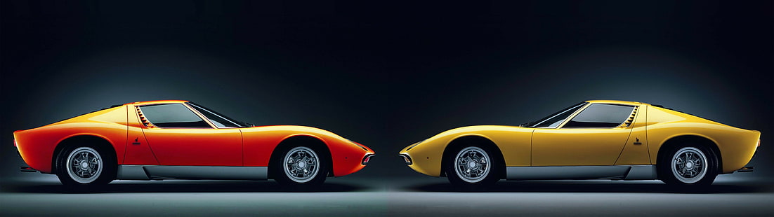 flera displayer, Lamborghini Miura, Lamborghini, bil, fordon, enkel bakgrund, gula bilar, orange bilar, HD tapet HD wallpaper