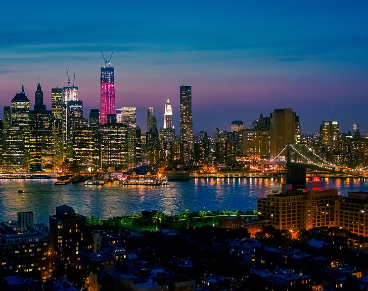 New York City At Night Lights, high-rise buildings, United States, New York, City, Buildings, Water, Cityscape, newyork, newyorkcity, aftersunset, frombrooklyn, manhattanview, HD wallpaper