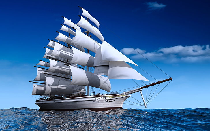 ocean, sea, Ship, boats, sky, watercrafts, clouds, blue, sailing, HD wallpaper
