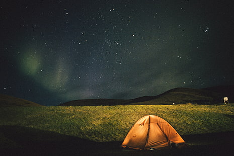 갈색 돔 텐트, 텐트, 별이 빛나는 하늘, 밤, HD 배경 화면 HD wallpaper