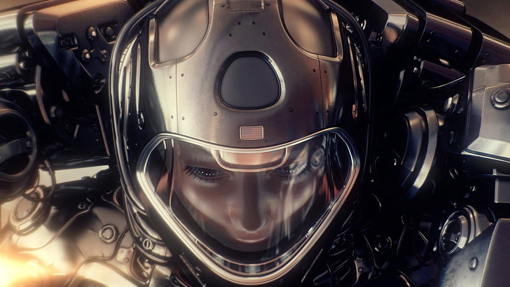 orang dengan helm wajah penuh hitam, seni digital, futuristik, Wallpaper HD