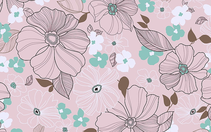 różowy i zielony tapetą z motywem kwiatowym, tło, tekstura, kwiaty, liście, pąki, Tapety HD