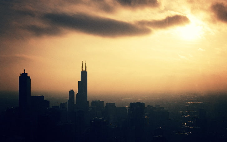 Willis Tower, silhouette des bâtiments sous le coucher de soleil, ciel, ville, coucher de soleil, paysage urbain, gratte-ciel, Chicago, lumière du soleil, USA, Fond d'écran HD