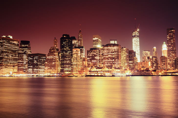 Nueva York, Lower Manhattan, Nueva York, Lower Manhattan, East River, Nueva York, Estados Unidos, Estrecho, ciudad, Edificios, luz, luces, Rascacielos, casas, Fondo de pantalla HD