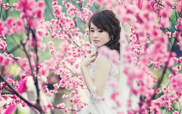 Азиатская девушка, сад, весна, розовые цветы, Азиатка, девушка, сад, весна, розовый, цветы, HD обои