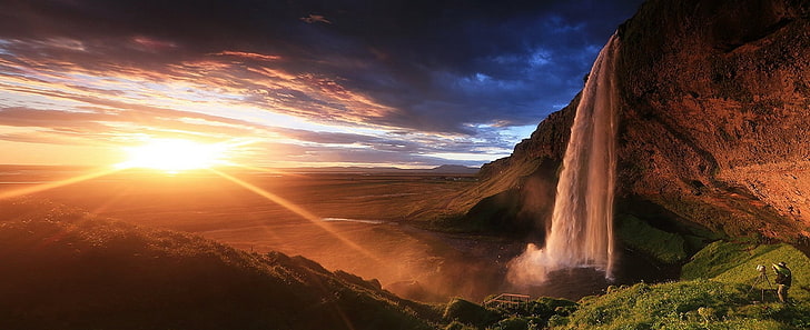 panoramas, Seljalandsfoss Waterfall, sunset, waterfall, Iceland, cliff, grass, clouds, nature, landscape, HD wallpaper