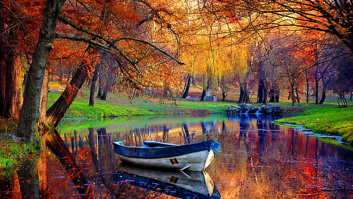 canal, barco, otoño, bosque, parque, reflexión, canal, naturaleza, agua, banco, árbol, bosque, caducifolio, río, bote de remos, Fondo de pantalla HD