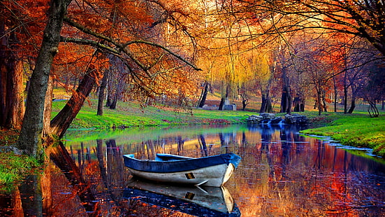 canal, barco, otoño, bosque, parque, reflexión, canal, naturaleza, agua, banco, árbol, bosque, caducifolio, río, bote de remos, Fondo de pantalla HD HD wallpaper