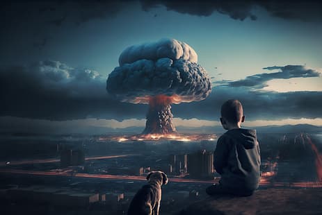 Sztuka AI, grzybowe chmury, bomba atomowa, miasto, dzieci, pies, Tapety HD HD wallpaper