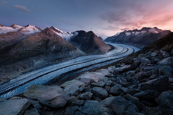 Himmel, Fluss, Berge, Winter, Gletscher, HD-Hintergrundbild