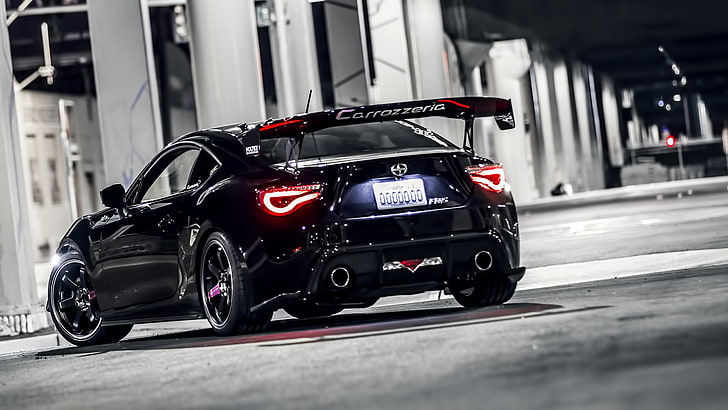 black coupe with spoiler, car, JDM, Scion FR-S, tuning, rice, HD wallpaper